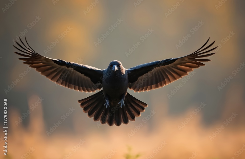 Fototapeta premium Hooded crow flies forward directly towards camera. Bird spreads wide wings, showing detailed feathers. Background is warm blurred natural scene, golden hour light.
