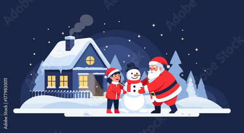 A heartwarming flat design illustration showcasing Santa and a child joyfully creating a snowman outside a glowing cottage on a magical Christmas Eve