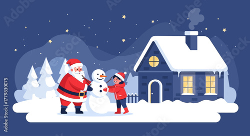 A heartwarming flat design illustration showcasing Santa and a child joyfully creating a snowman outside a glowing cottage on a magical Christmas Eve