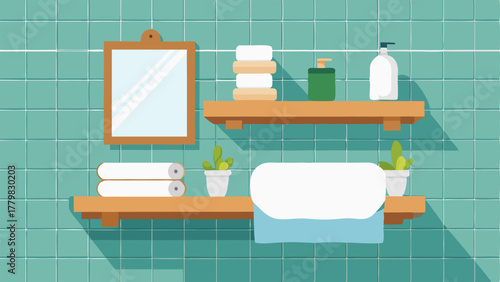 A bathroom with white subway tile a natural wood vanity and fluffy white towels neatly folded on a shelf.