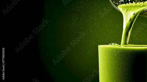 Green Elixir: A vibrant stream of healthy green juice cascades into a glass. The photo shows the freshness and invigorating essence of nature's bounty.