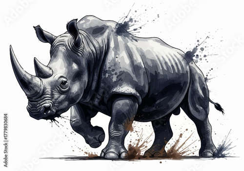Powerful Rhinoceros Watercolor Art with Dynamic Splash and Splatter Effects