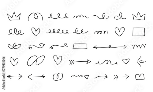 Hand drawn doodle arrows and hearts graphic elements