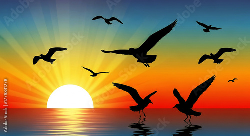 Flock of seagulls flying over the ocean at sunset