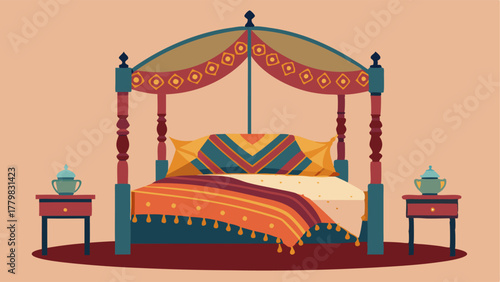 A bohemianstyle bed with a mix of patterned sheets throw blankets and a canopy made of fabric.