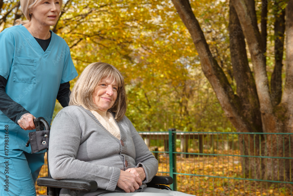 Fototapeta premium Elderly happy woman in wheelchair on a walk though park covers in fallen leaves with healthcare worker or nurse in uniform