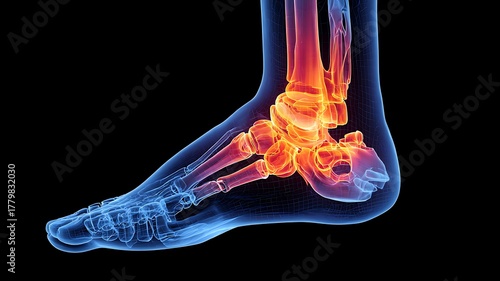 Digitally Rendered X-ray of Human Foot and Ankle Highlighting Inflammation.