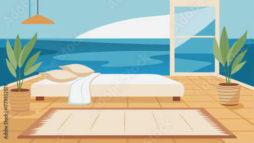 A bedroom with a view of the ocean featuring a white platform bed and a woven sea grass rug.