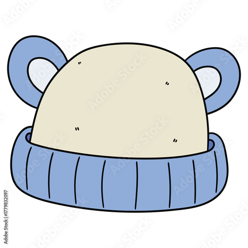 Hand-drawn cartoon baby hat with ears on a white background.