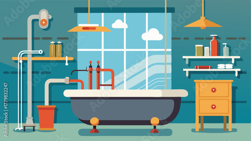 A bathroom with a freestanding bathtub next to a wall of exposed pipes and a vanity made from a salvaged industrial cart.