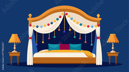 A bedroom with a canopy bed draped in white linen and adorned with colorful tassel garlands. The nightstands are made of intricately carved wood and are topped with goldleafed
