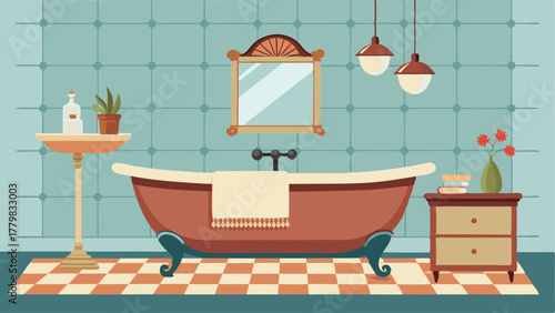 A bathroom with a refurbished clawfoot bathtub patterned vintage tiles and a retro vanity.