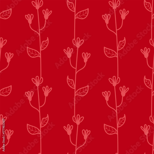 Elegant seamless pattern with delicate pink floral branches and leaves on a deep red background, perfect for sophisticated and nature-inspired designs.