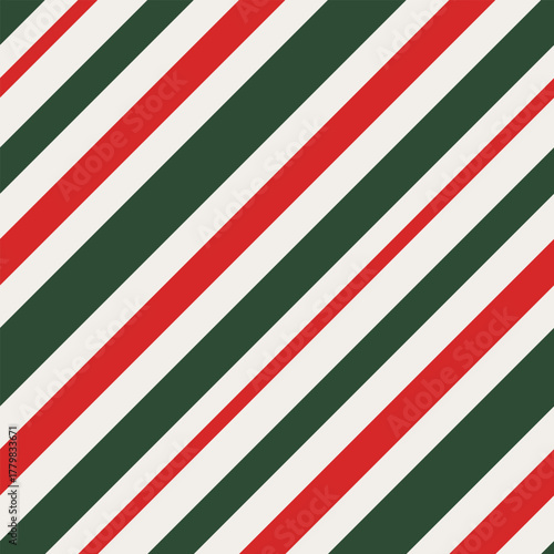 Bold diagonal stripe pattern in vibrant red, crisp white, and deep green, retro Christmas or festive theme, seamless repeat for textiles and wrapping paper.