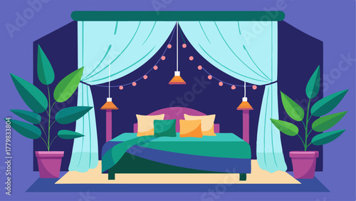 A bedroom with a canopy bed draped in curtains surrounded by potted plants and hanging string lights.