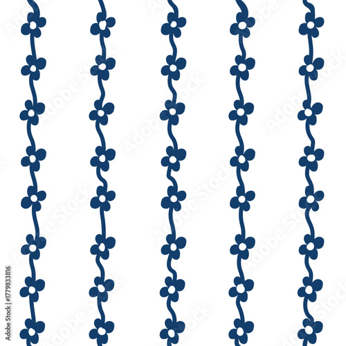 Elegant vertical repeating pattern of small blue flowers connected by wavy vines on a clean white background, seamless floral design for textiles and decor.