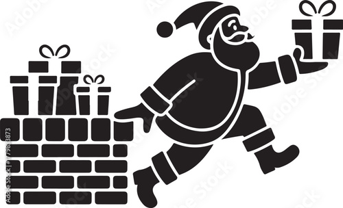 Black silhouette of Santa Claus with gifts and chimney