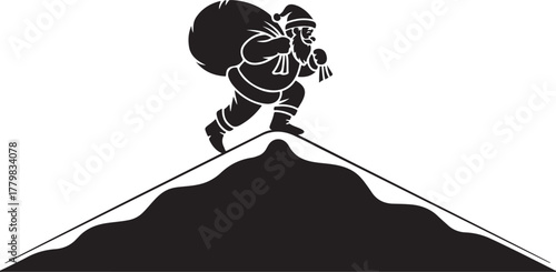 Black silhouette of Santa Claus carrying a sack on a snowy mountain peak