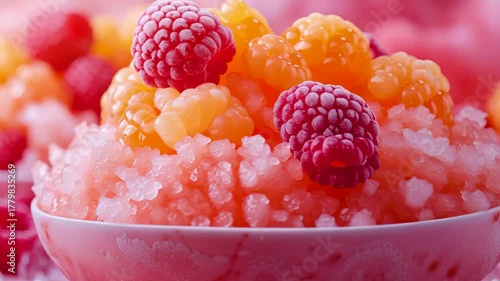Berry Delight: A refreshing treat featuring a vibrant mix of pink, orange, and red frozen fruits elegantly presented in a delicate bowl.
