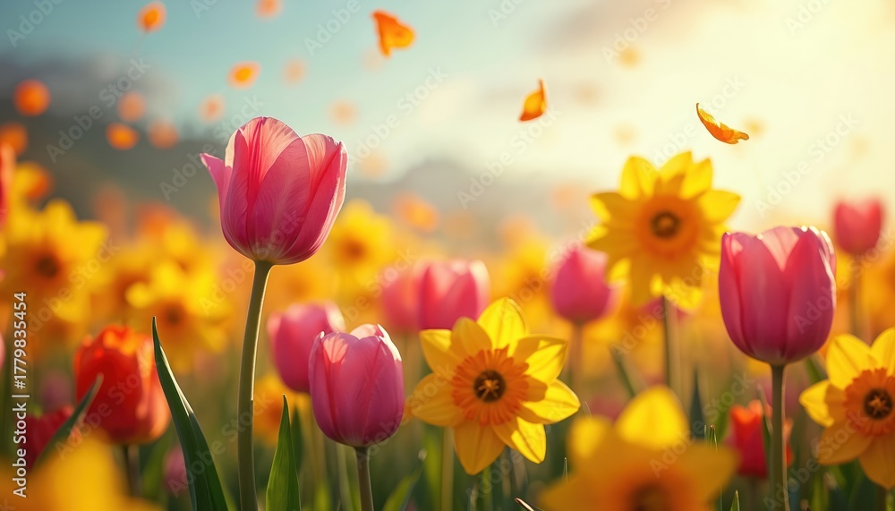 Fototapeta premium Pink tulips and yellow daffodils bloom in a sunny meadow. Gentle breeze blows petals through the air. Peaceful spring garden scene unfolds under blue sky.