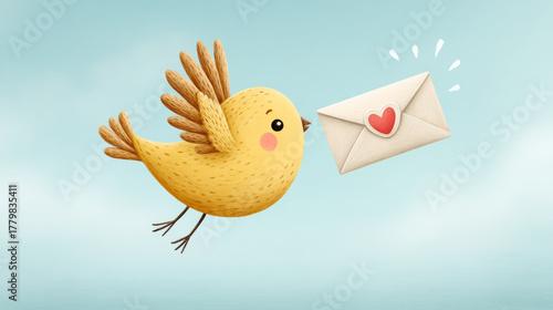 Whimsical bird with love note envelope on blue sky background