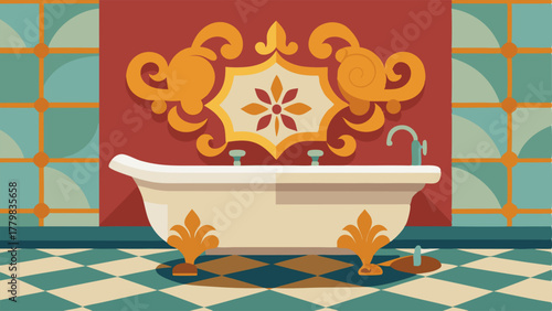 A bathroom with a contemporary freestanding bathtub but with a bold Victorianinspired tile pattern on the floor.