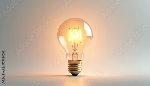 Bright lightbulb glows with a warm yellow light on a plain background. This symbol represents ideas, innovation, and creativity. Consider it for concepts about inspiration and new beginnings.