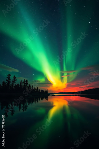 Spectacular Aurora Borealis Reflecting on a Calm Lake A Breathtaking Display of Northern Lights Over a Tranquil Water Surface