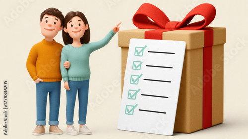Christmas gift boxes with two people and checklist for holiday planning and celebration