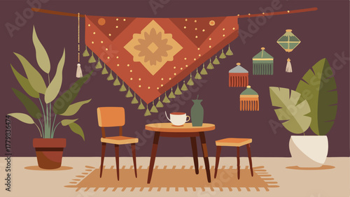 A bohemianinspired tapestry hanging on a wall with a small table and chairs set up for an intimate tea party a potted palms and hanging string plants.