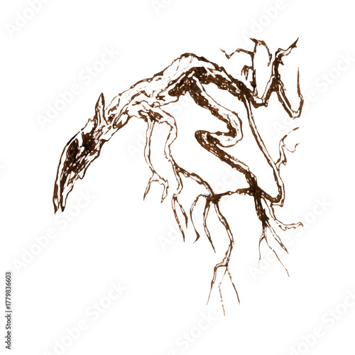 
Detailed brown ink sketch of twisted tree roots. Abstract brown ink illustration of a tree root system with organic twisting lines and detailed branching pattern on white background
