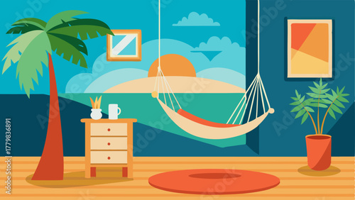 A bedroom with a large wall print of a tropical beach scene and a woven hammock chair hanging in the corner inviting you to relax and unwind.