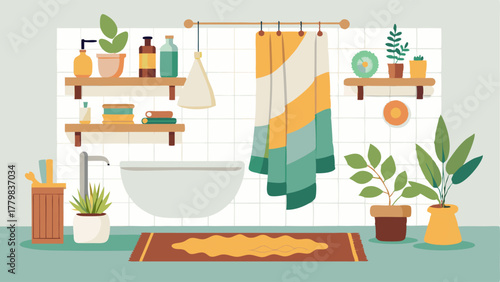 A bathroom with a mix of Scandinavian and bohemian elements. A clean white shower curtain and towels contrast with a colorful woven rug and a hanging plant. On the shelves natural