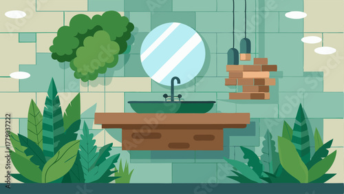 A bathroom with a floating vanity made of reclaimed wood a natural stone sink and a cascading wall of greenery.