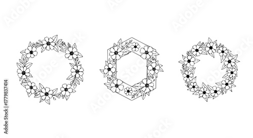 Line art flower set with circular, hexagonal, and spiral arrangements, elegant black outlines