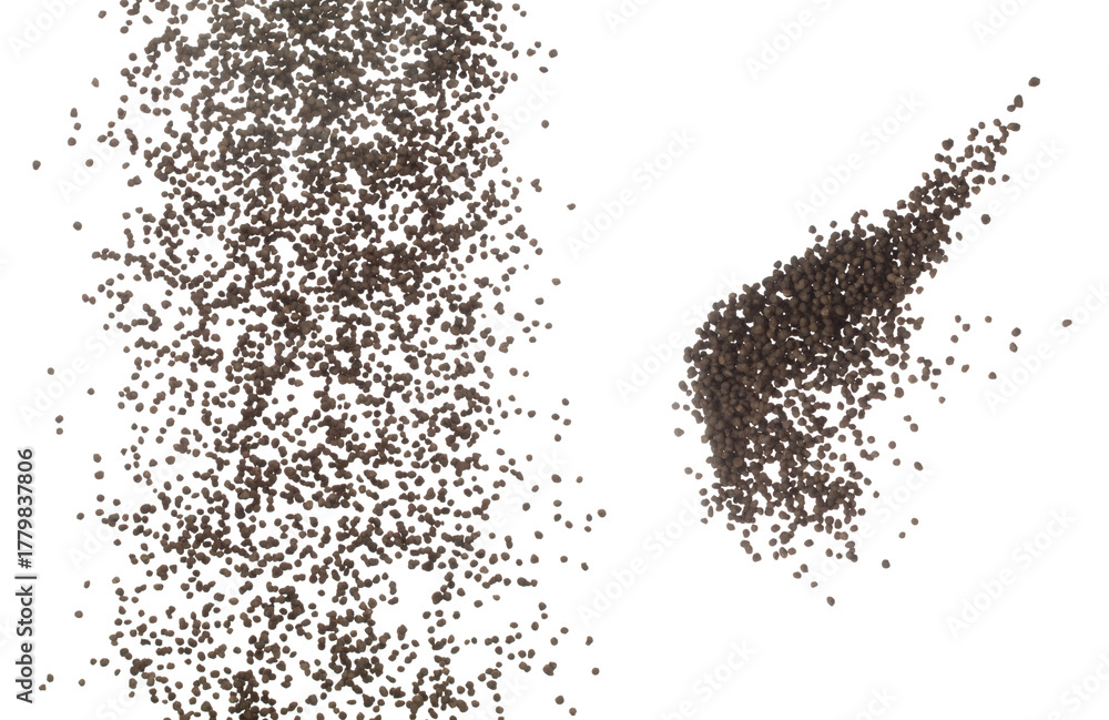 Obraz premium Fertilizer brown chemical accelerate growth fly fall explosion, many tiny ball fertilizer for planting float throw in mid air. White background isolated high speed freeze motion