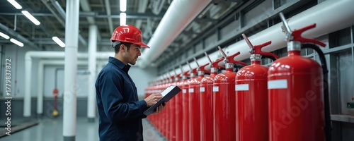Worker in hard hat inspects row of red fire extinguishers in industrial facility. Technician checks safety equipment list, ensuring fire preparedness. Maintenance staff reviews apparatus in building © Viktor