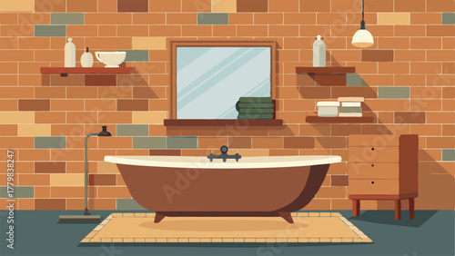 A bathroom with a modern freestanding bathtub surrounded by exposed brick walls and a floating wooden vanity.