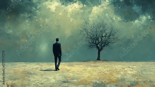 Man in Suit Walking Towards Lonely Tree in Landscape
