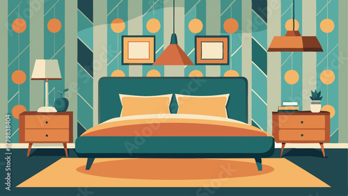 A bedroom with a mix of modern and vintage elements such as a sleek platform bed with a retroinspired wallpaper accent wall.