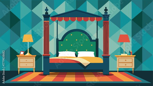 A bedroom with a Victorianstyle fourposter bed and a contemporary accent wall featuring bold geometric wallpaper.