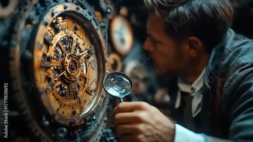 Man Inspecting Intricate Clockwork Mechanism with Magnifying Glass.