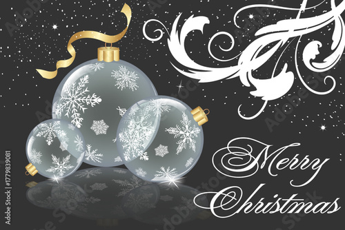 Snowflakes on transparent glass balls in a Christmas illustration.Stylish vector illustration with Christmas glass balls, greeting text and snow decor on a gray background.