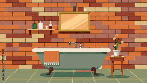 A bathroom with a clawfoot bathtub against a wall of rugged exposed brick and a vanity made from salvaged wood.