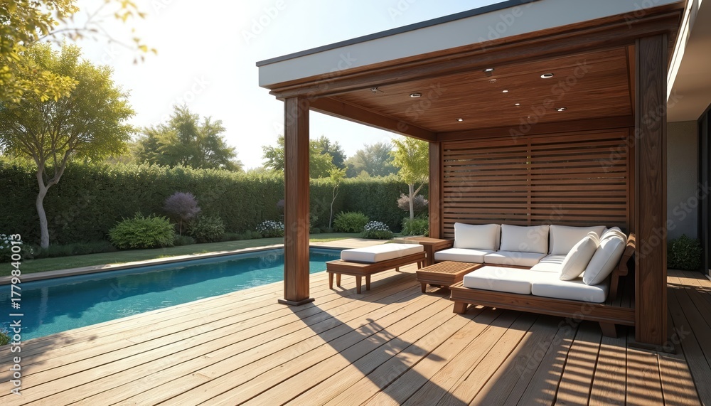 Fototapeta premium Modern wooden deck with pergola, outdoor sofa by poolside. Rich green garden with manicured hedge, trees frames luxurious backyard living space. Perfect for relaxation, entertaining, summer leisure.