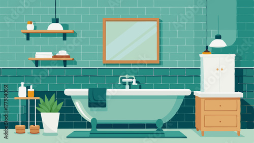 A bathroom with a deep soaking tub subway tile walls and a vanity with a marble countertop.