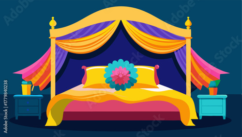 A bedroom features a dramatic canopy bed with a bright yellow velvet headboard adorned with layers of multicolored fringed throw blankets and throw pillows.