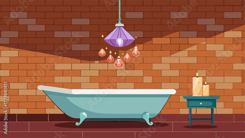 A bathroom with a clawfoot tub exposed brick walls and a sparkling crystal chandelier.