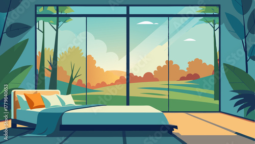 A bedroom with a large floor to ceiling window allowing a view of the lush greenery outside.