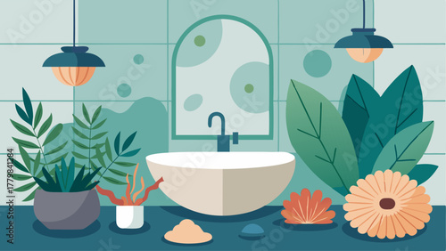 A bathroom with a natural stone sink seashell decorations and a shower surrounded by tropical plants.